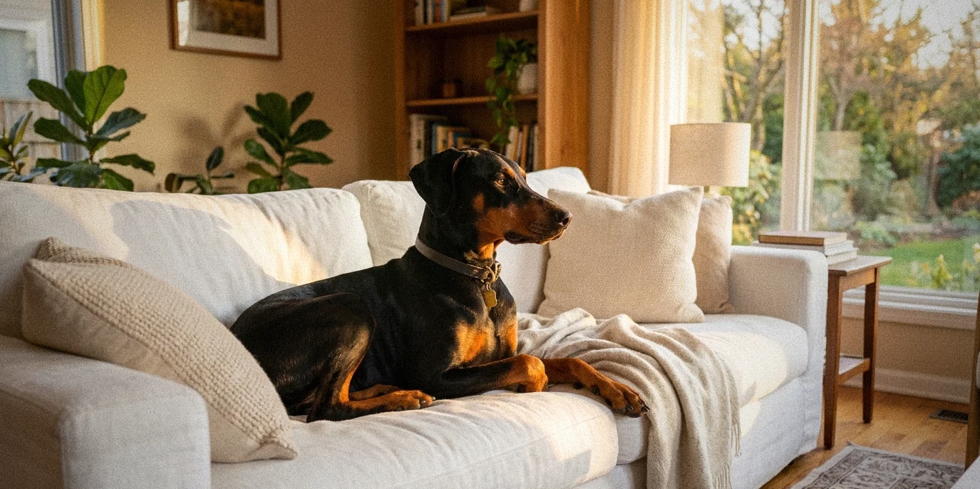 A Doberman resting on a couch