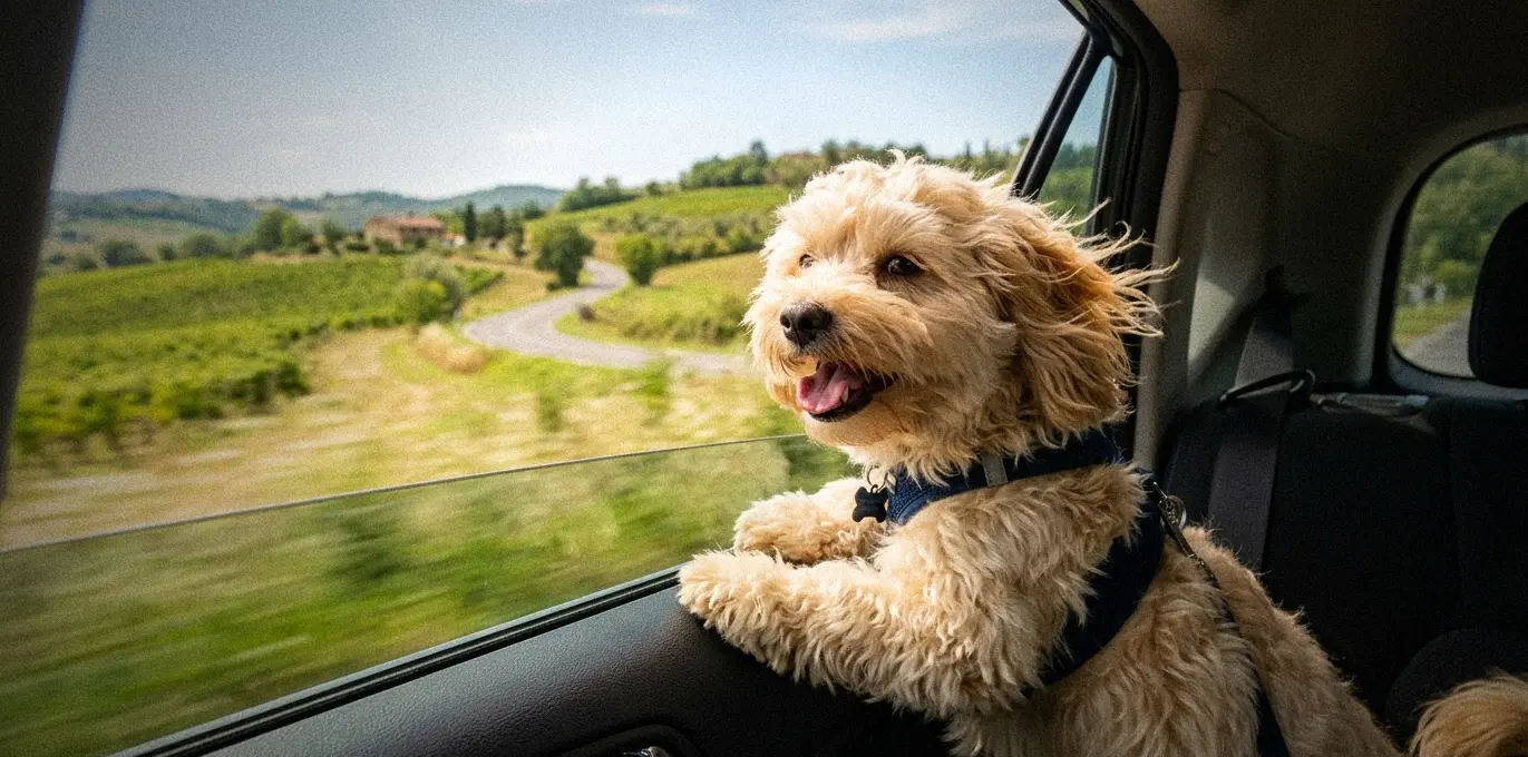 A dog looking out of a car window on a road trip through a sunny landscape